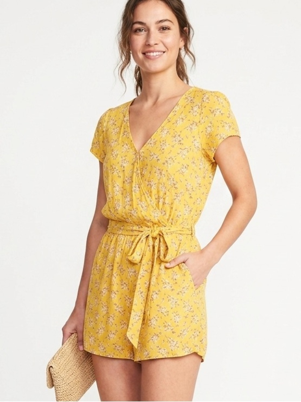 American Eagle Yellow Floral Faux Wrap Romper with Tie Waist Small - 623